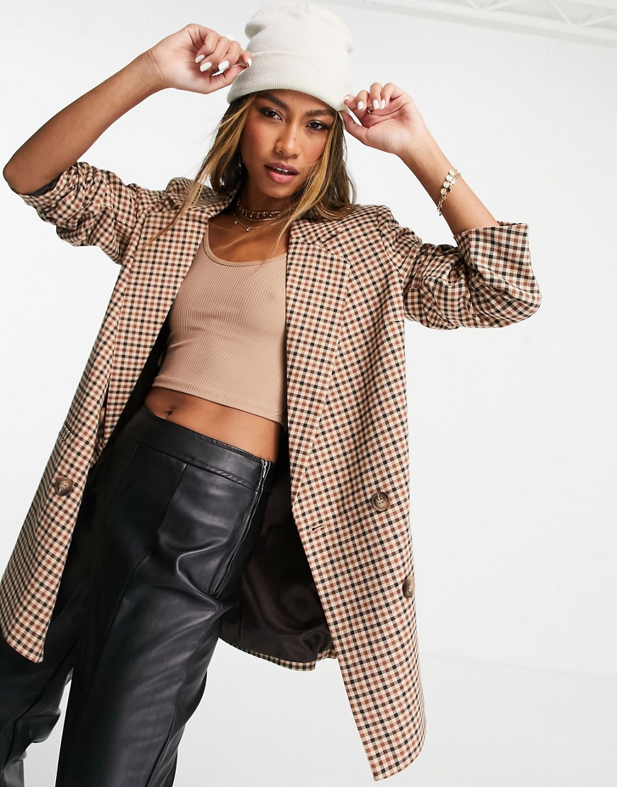Only double breasted oversized blazer in check-Brown