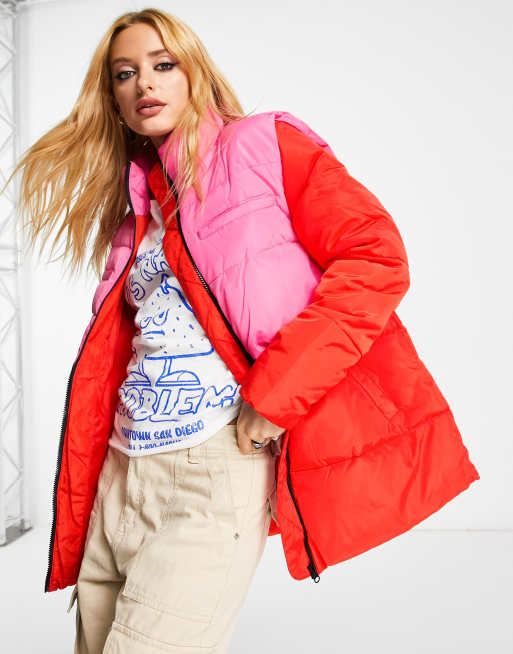 Only Doudoune effet color block Rose et rouge ASOS