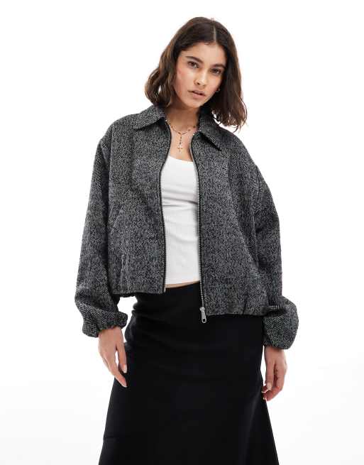 ONLY drop shoulder bomber jacket in charcoal herringbone, 3 of 4