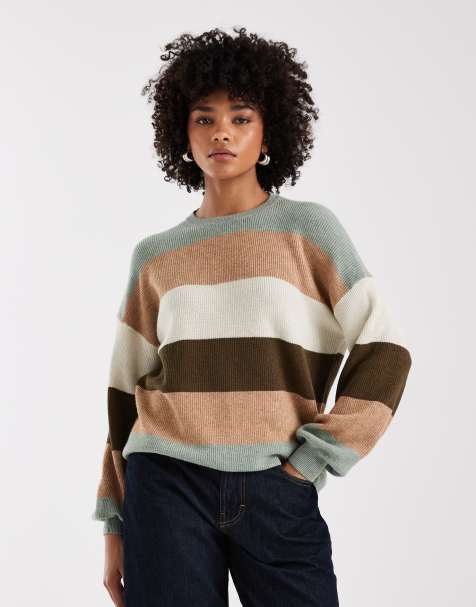 ONLY drop shoulder jumper in brown & light green stripes - view 1