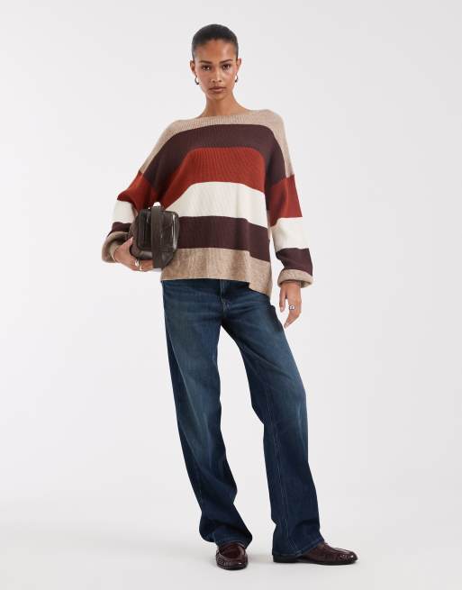 ONLY drop shoulder knit sweater in brown & orange stripe, 2 of 4