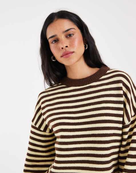 ONLY drop shoulder knit sweater in brown & yellow stripes - view 1