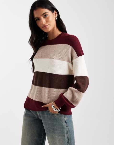 ONLY drop shoulder knit sweater in cream and burgundy stripe - view 1