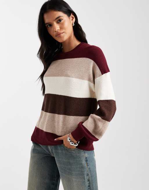 ONLY drop shoulder stripe jumper in burgundy