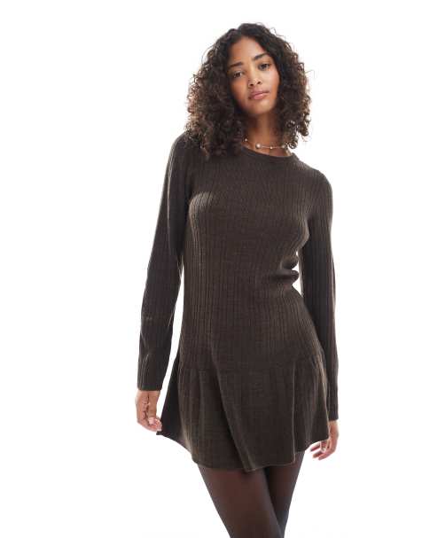 ONLY dropped hem knit mini dress in chocolate brown - view 1