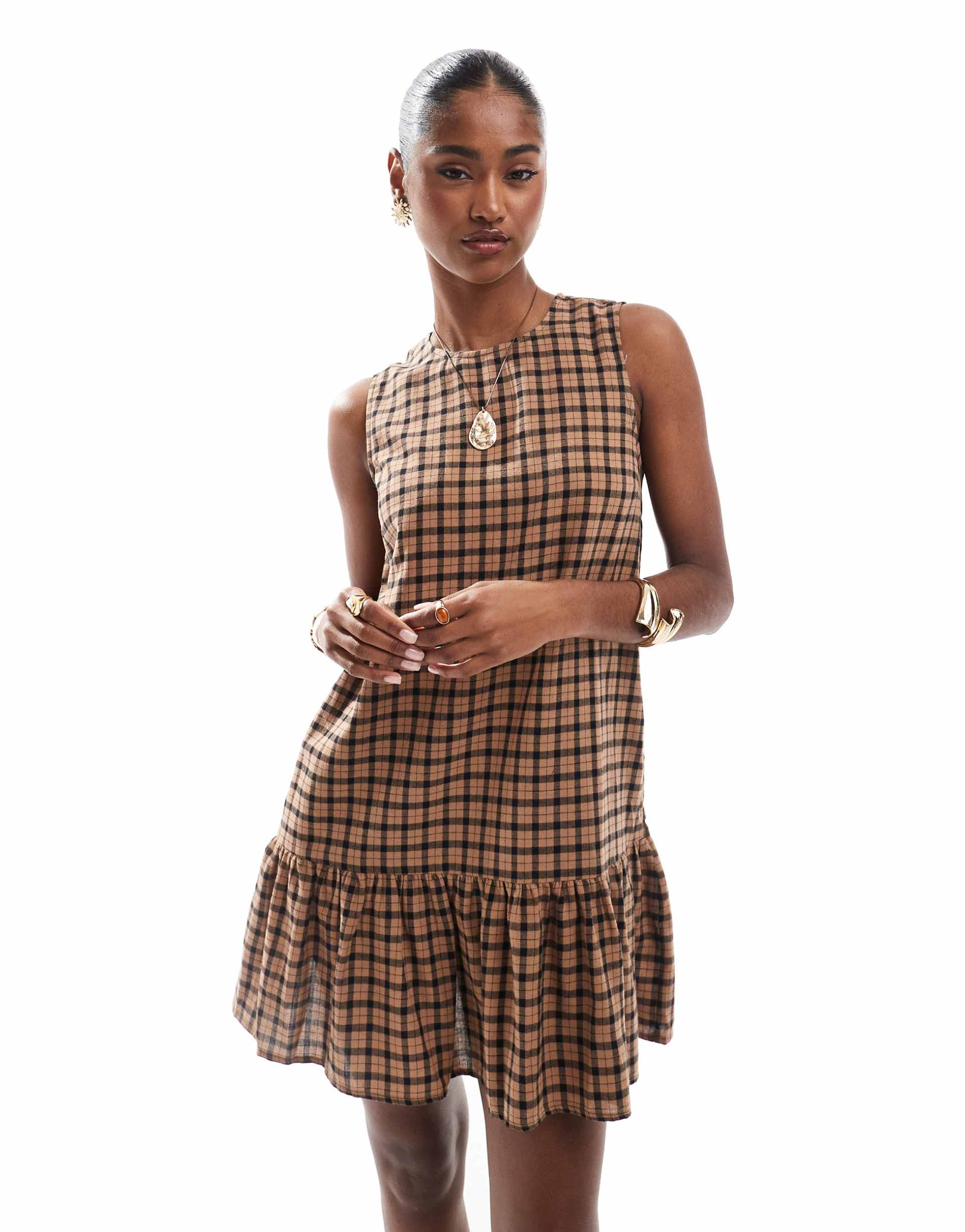 only dropped hem mini dress in brown plaid