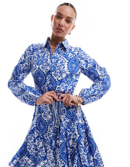 ONLY dropped hem tie waist mini dress in blue tile print | ASOS