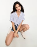 [ONLY] Only dropped shoulder cropped shirt with tie detail in blue and white stripe 10 Blue & White Stripe