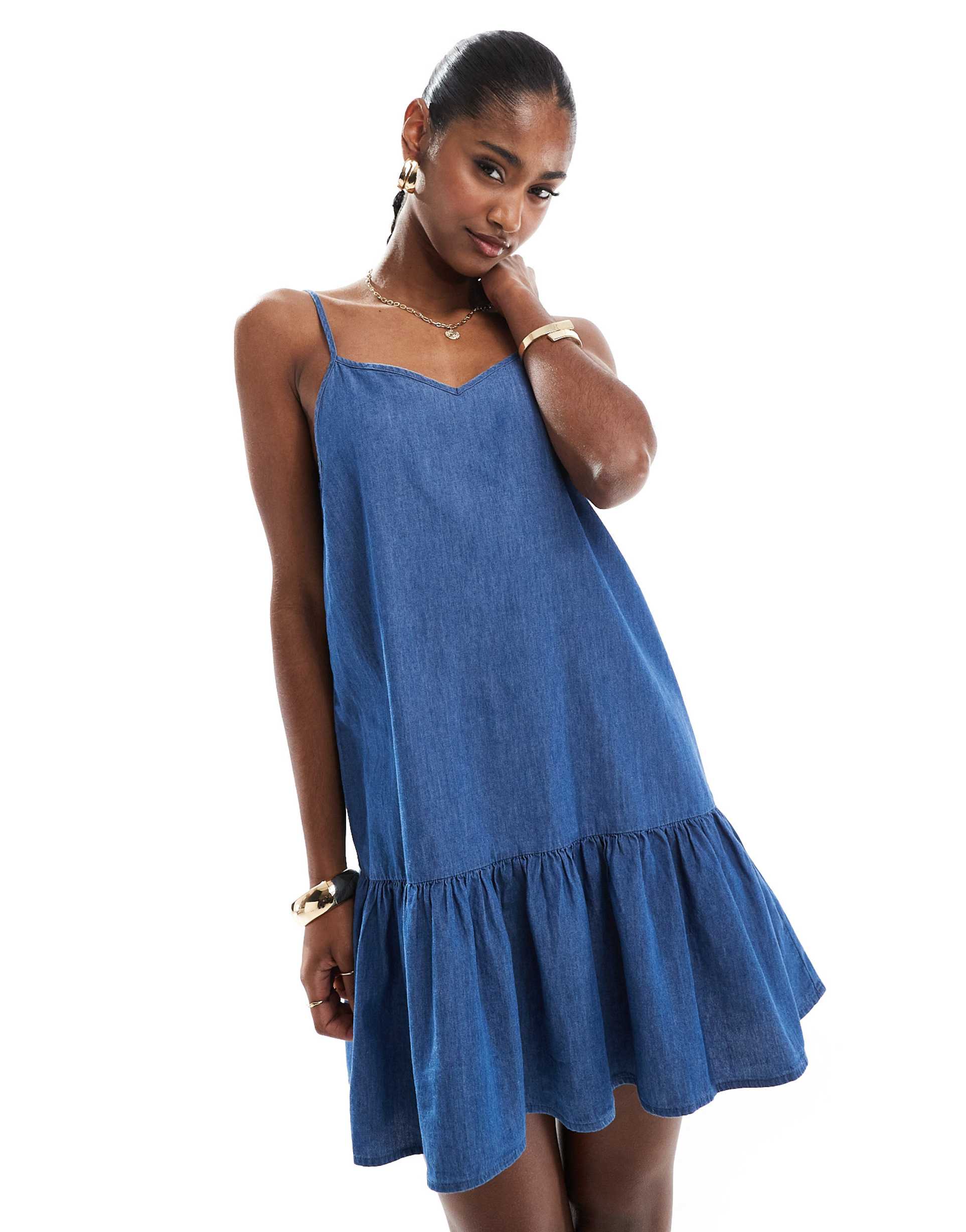 only dropped waist chambray mini dress in mid blue