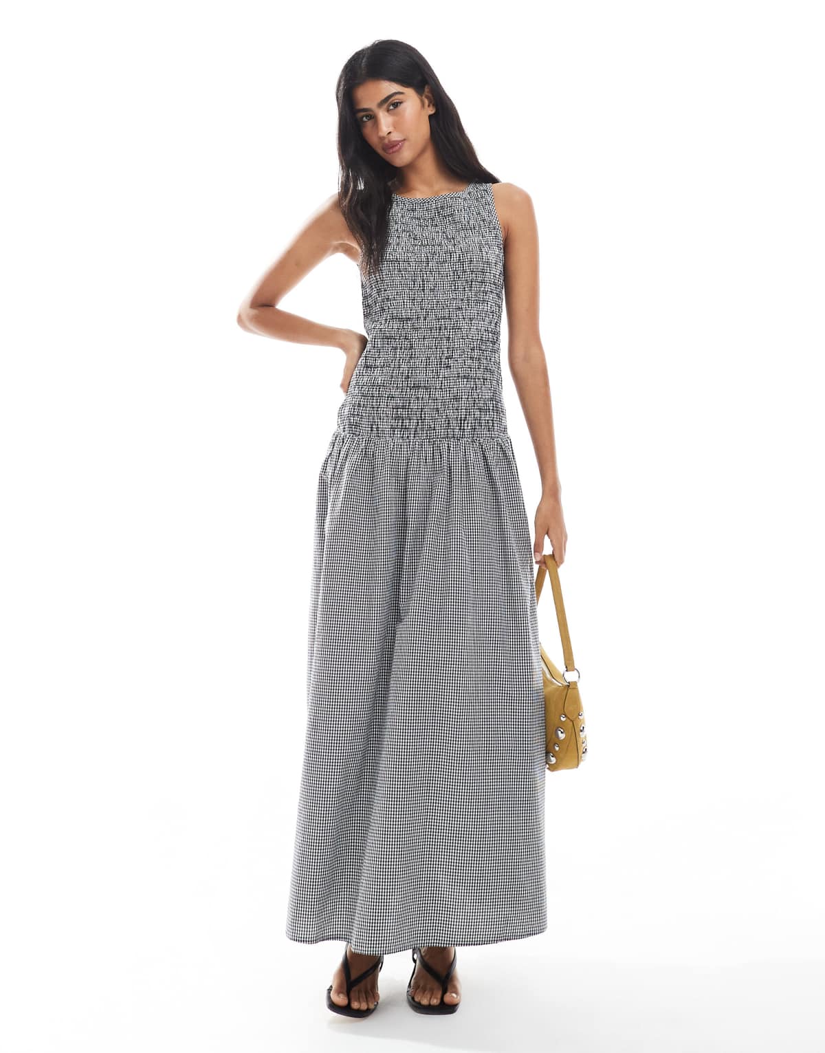 ONLY dropped waist shirred maxi dress in black gingham