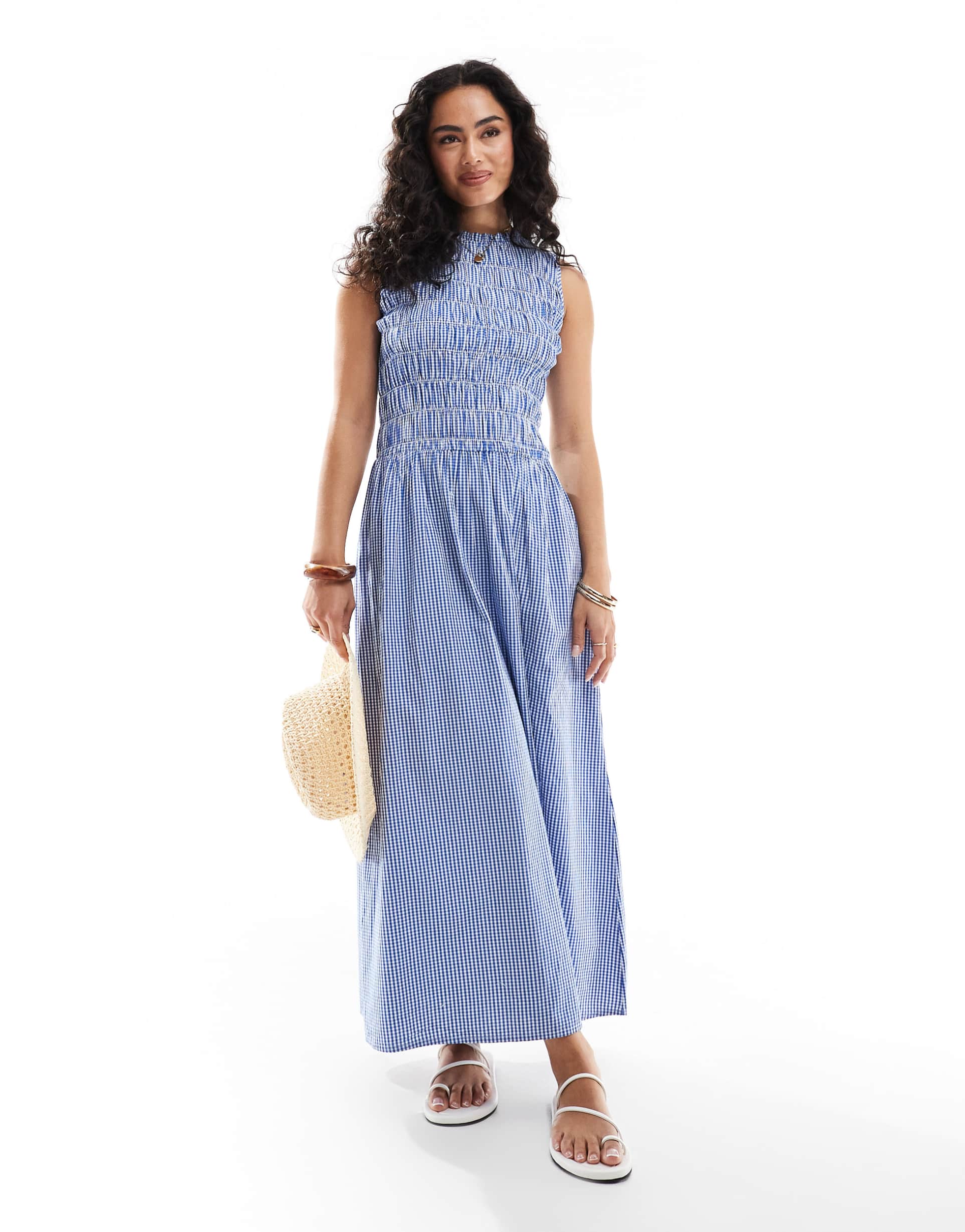 only dropped waist shirred maxi dress in light blue gingham