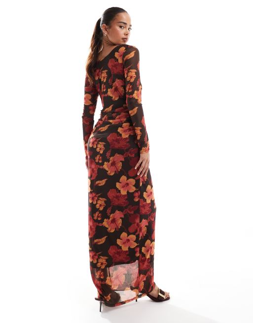 ONLY – Dwustronna sukienka maxi w ciemnobrązowy kwiatowy wzór, 4 z 4