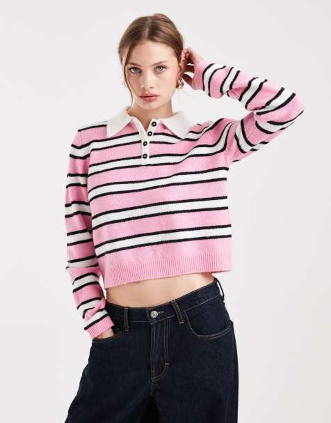 ONLY – Dzianinowy sweter w różowe paski z kołnierzykiem polo - view 1