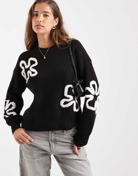 ONLY knitted jumper with floral embroidery in mono