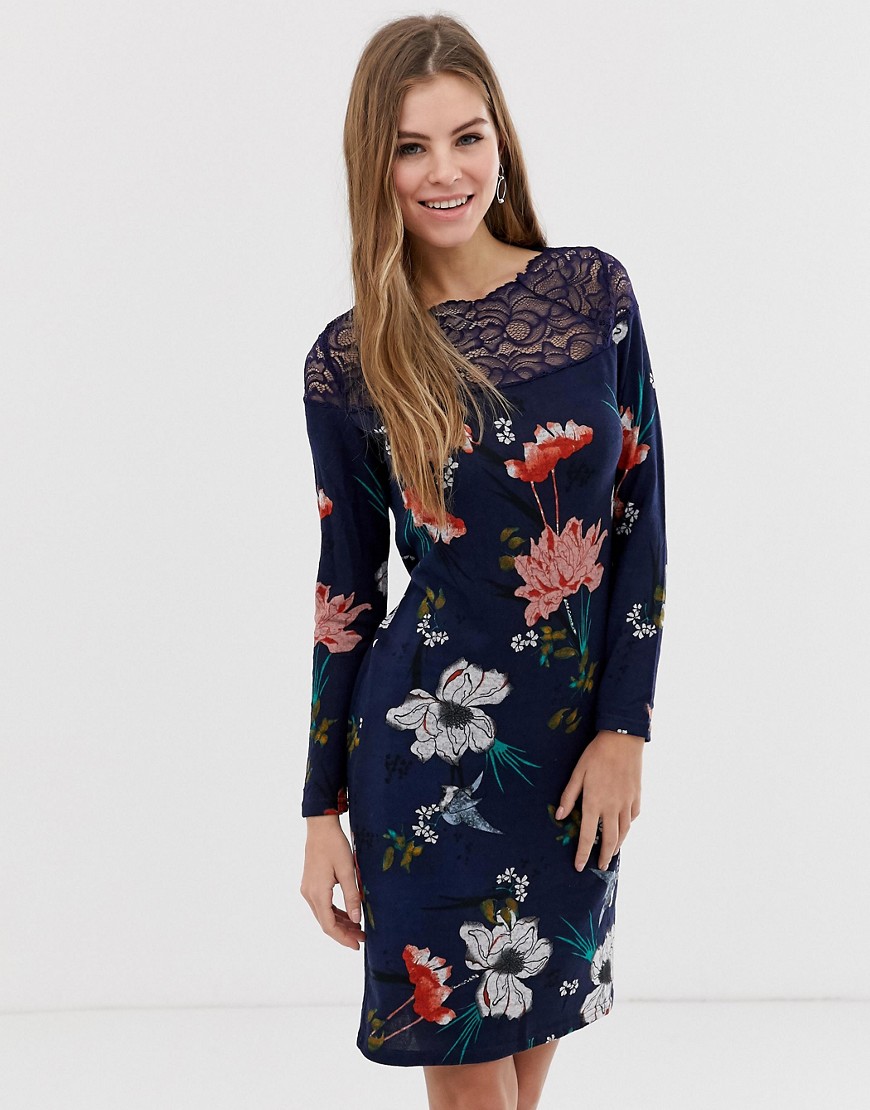Only Elcos Aviaya floral print shift dress-Navy