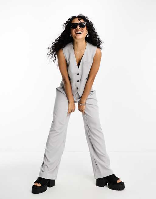 Only - Elegante broek met contrasterende tailleband in grijs, deel van co-ord set