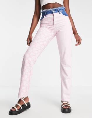 Only Ella Frayed Waist Straight Leg Jeans In Pink Checkerboard Print-multi