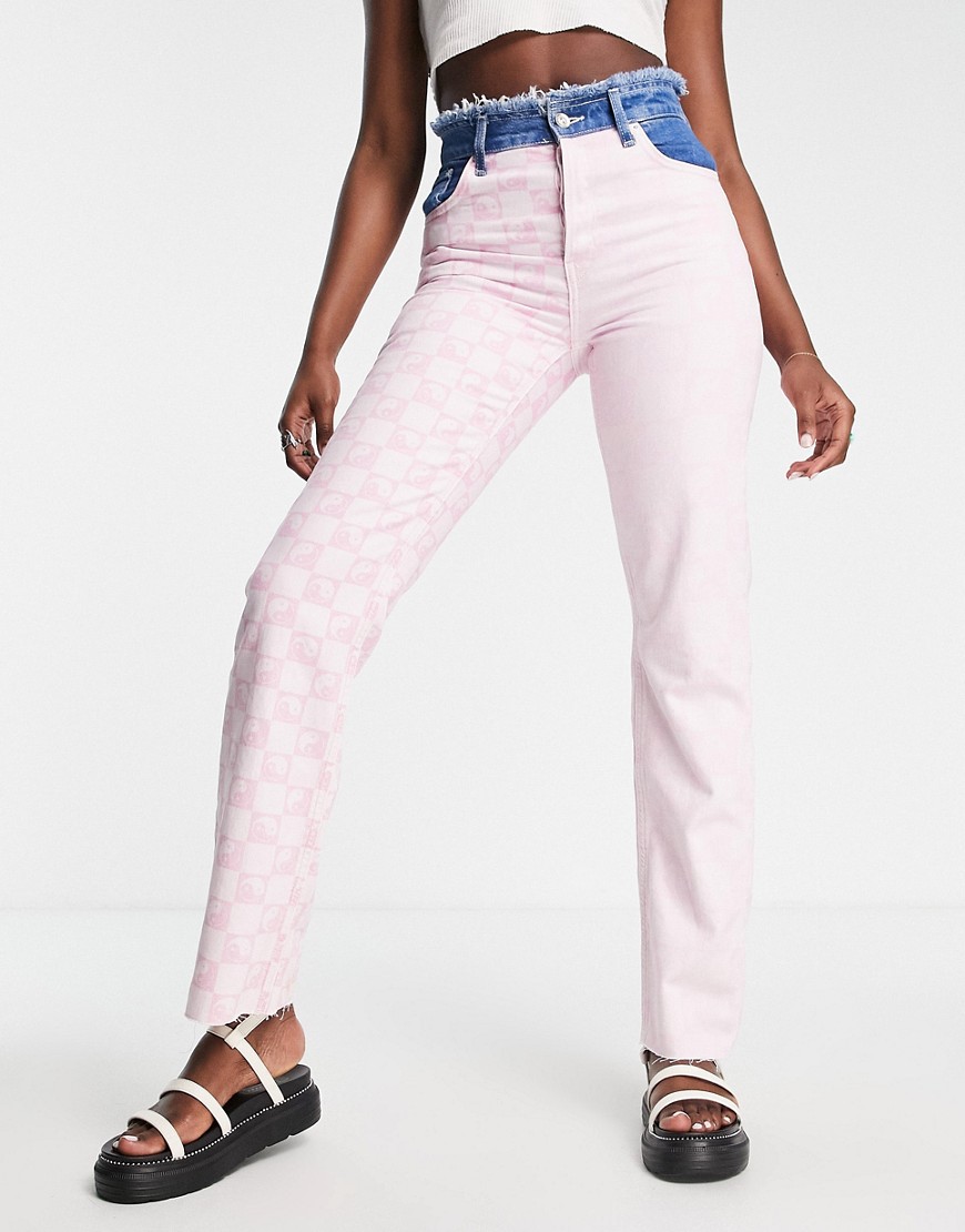ONLY Ella frayed waist straight leg jeans in pink checkerboard print-Multi