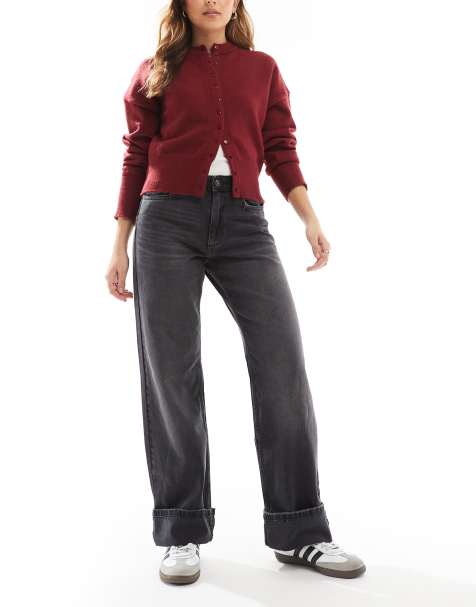 ONLY - Ella - Jeans met halfhoge taille en omslag in zwart met wassing - view 1