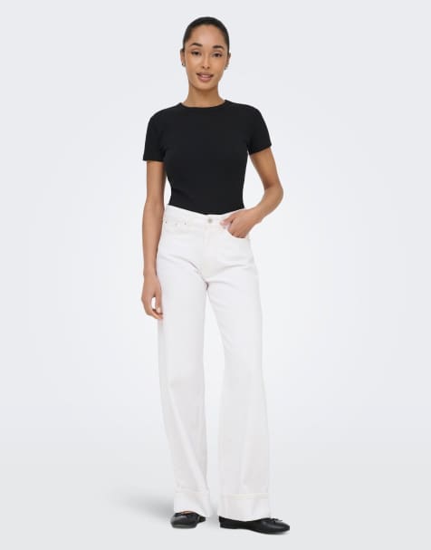 ONLY Ella Jeans mit mittlerer Leibhöhe, weitem Bein und umgeschlagenem Saum in Weiß - view 1