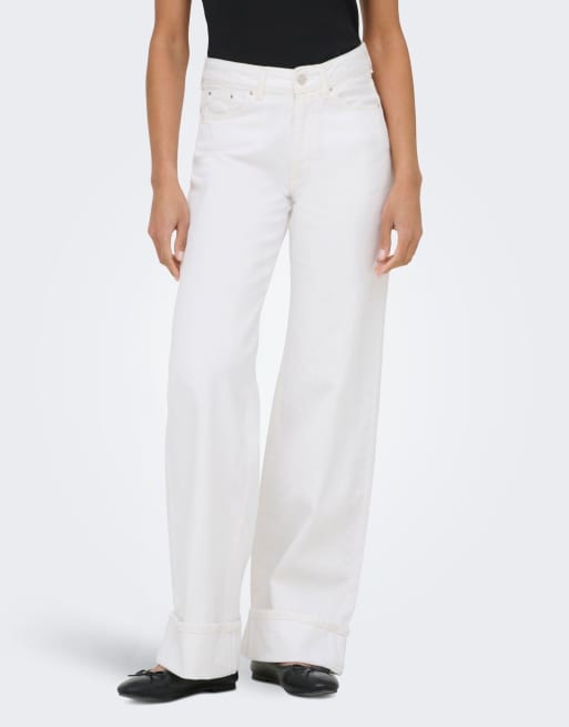 ONLY Ella Jeans mit mittlerer Leibhöhe, weitem Bein und umgeschlagenem Saum in Weiß, 2 von 5