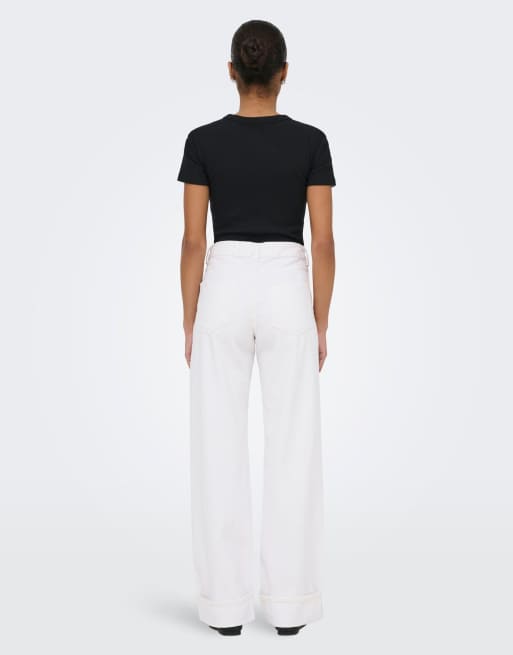 ONLY Ella Jeans mit mittlerer Leibhöhe, weitem Bein und umgeschlagenem Saum in Weiß, 3 von 5