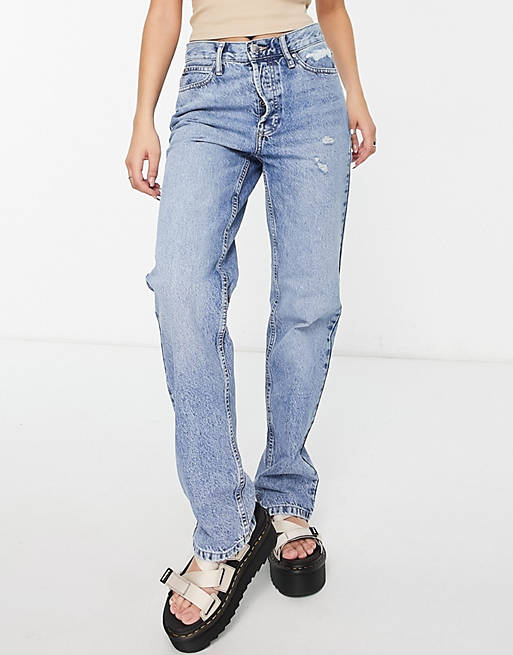 Only Ella straight leg jeans with distressing in light blue