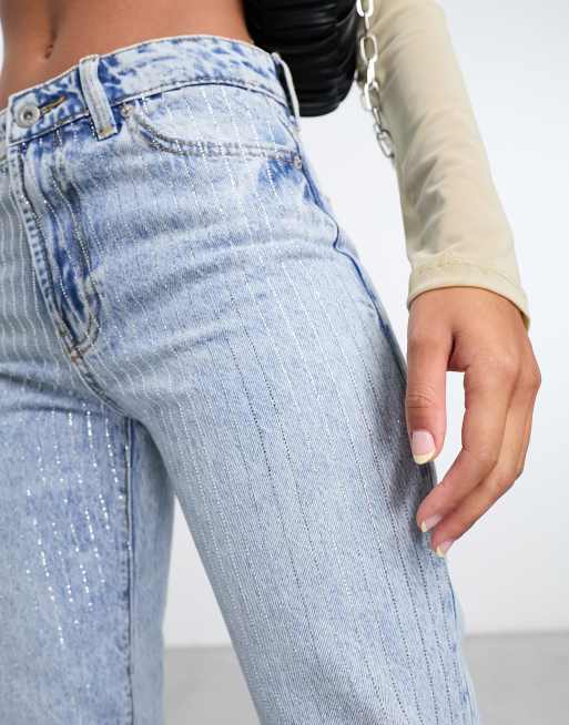 EVERYTIME RHINESTONE EMBELLISHED STRAIGHT LEG JEANS IN MEDIUM BLUE