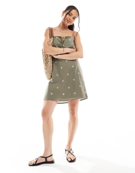 ONLY embroidered detail mini cami dress in khaki green, 2 of 4