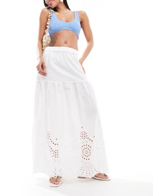 Only Embroidered Tiered Maxi Skirt In White