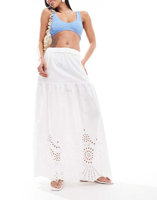 ONLY embroidered tiered maxi skirt in white | ASOS