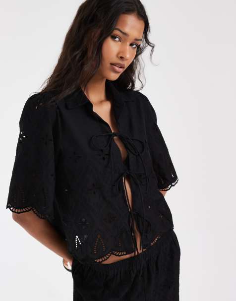 ONLY embroidery details tie front top in black (part of a set) - view 1