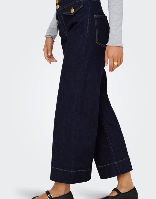 ONLY Emilia a vita alta a pianta larga - jeans corti in denim blu scuro, 4 di 7