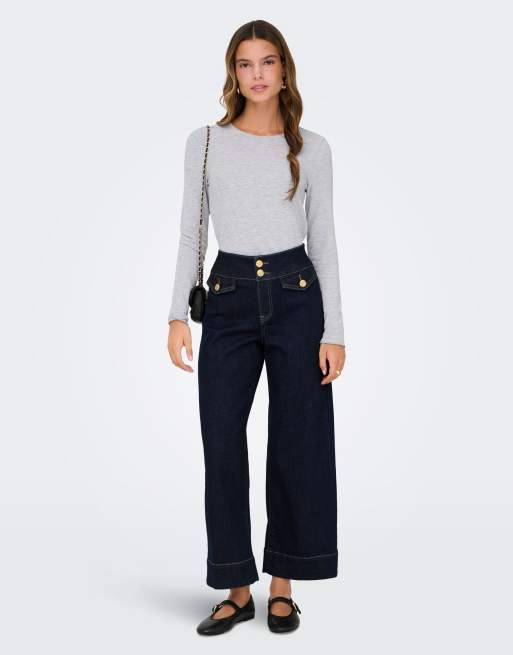 ONLY Emilia High-Waist Cropped Jeans mit Knöpfen in Goldoptik, blaues Denim, 3 von 7