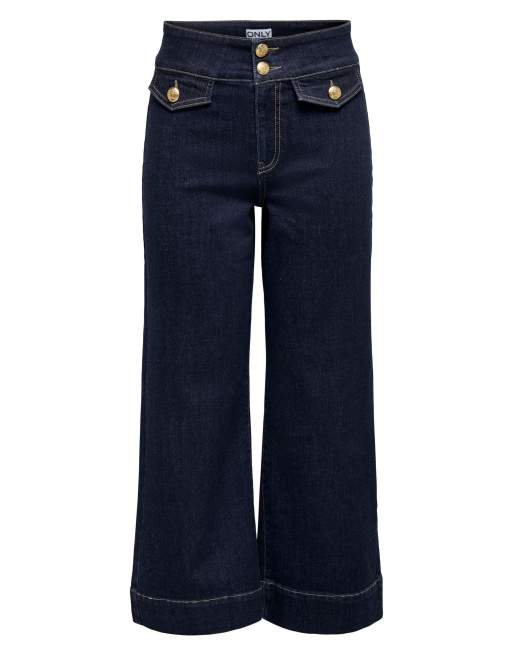 ONLY Emilia højtaljede cropped jeans med guldfarvede knapper i blå denim, 6 af 7