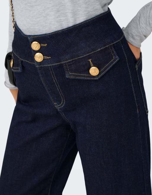 ONLY Emilia jeans med hög midja, kort modell och guldfärgade knappar i blå denim, 5 av 7