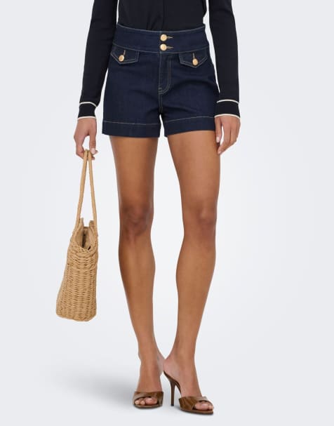 ONLY Emilia shorts a vita alta con bottoni color oro in blu - view 1