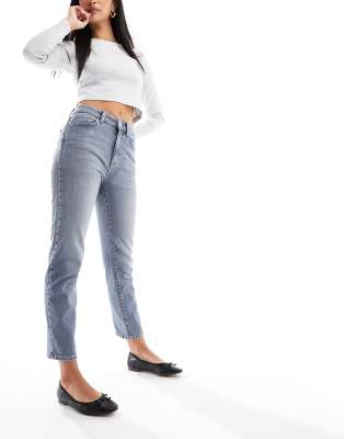 Only Emily High Rise Straight Leg Jeans With Stretch In Gray Blue Wash