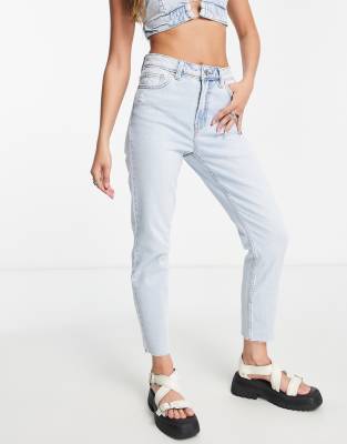 Only Emily High Waist Distressed Straight Leg Jeans In Light Blue In Blue