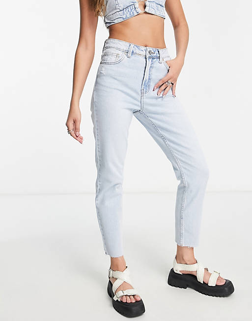 Only Emily high waist distressed straight leg jeans in light blue