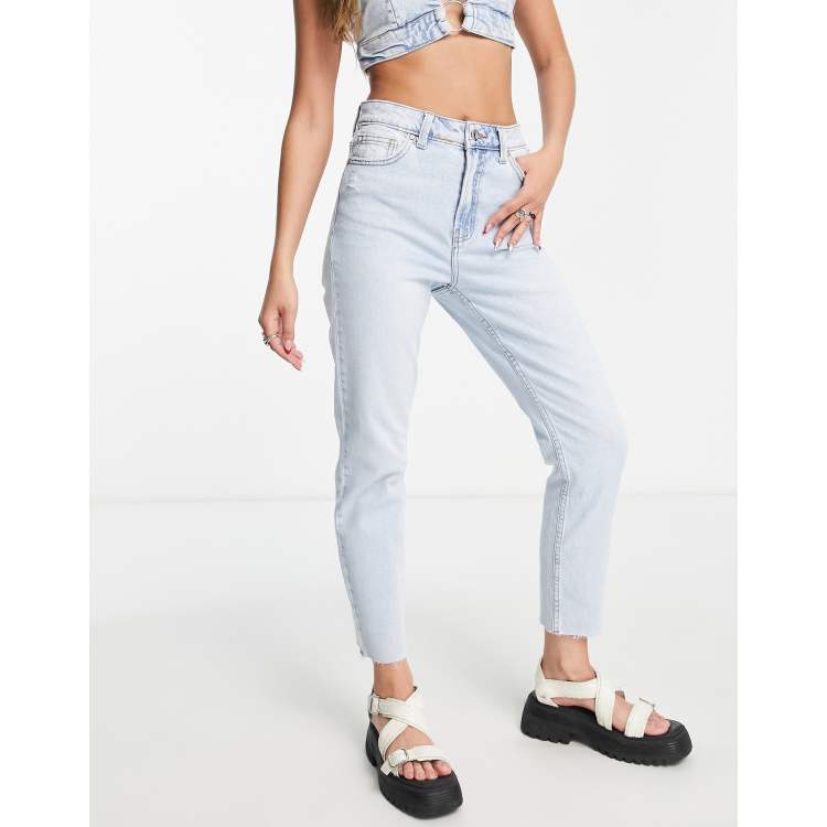 Only Emily high waist distressed straight leg jeans in light blue