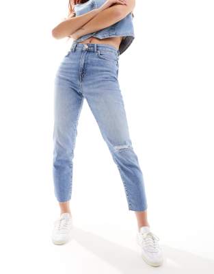 Only Emily high waist straight leg distressed jeans in light blue