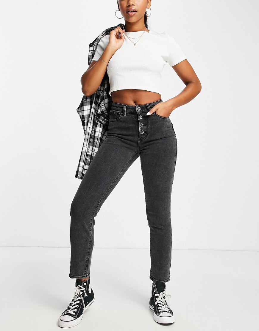 Only Emily high waist straight leg jeans with exposed buttons in black