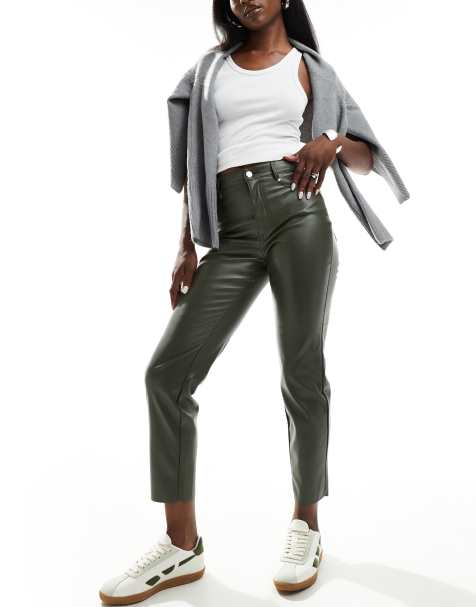 ONLY Emily high waisted faux leather pants in dark green - view 1