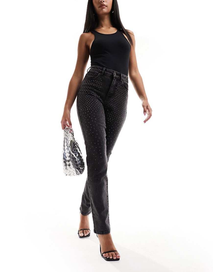 ONLY Emily high waisted rhinestone detail straight leg jeans in washed black