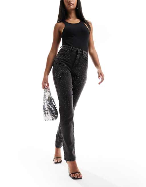 Express High Waisted Black Rhinestone Button Modern Straight Jeans