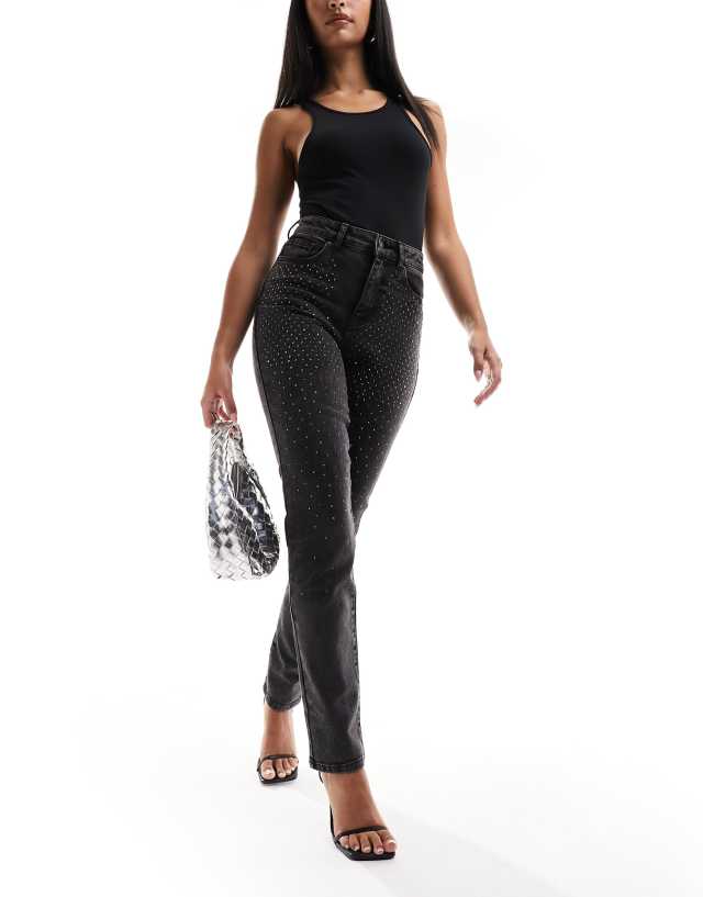 ONLY - emily high waisted rhinestone detail straight leg jeans in washed black