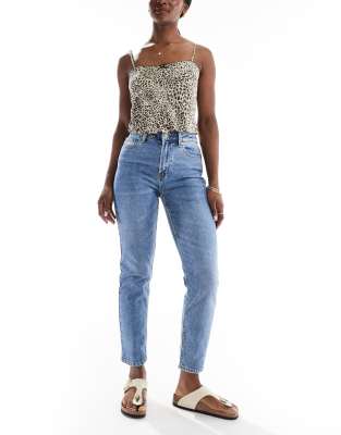 Only Emily High Waisted Straight Leg Jeans In Mid Blue