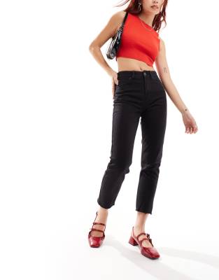 Only Emily high waisted straight leg jeans with raw hem in black