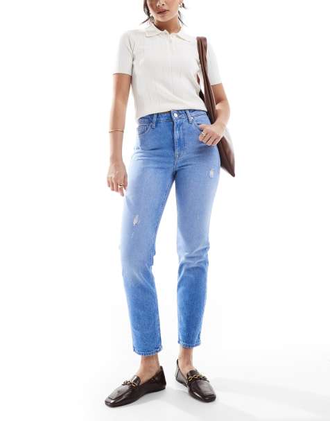 ONLY Emily high waisted straight leg jeans with slight distressing in light blue